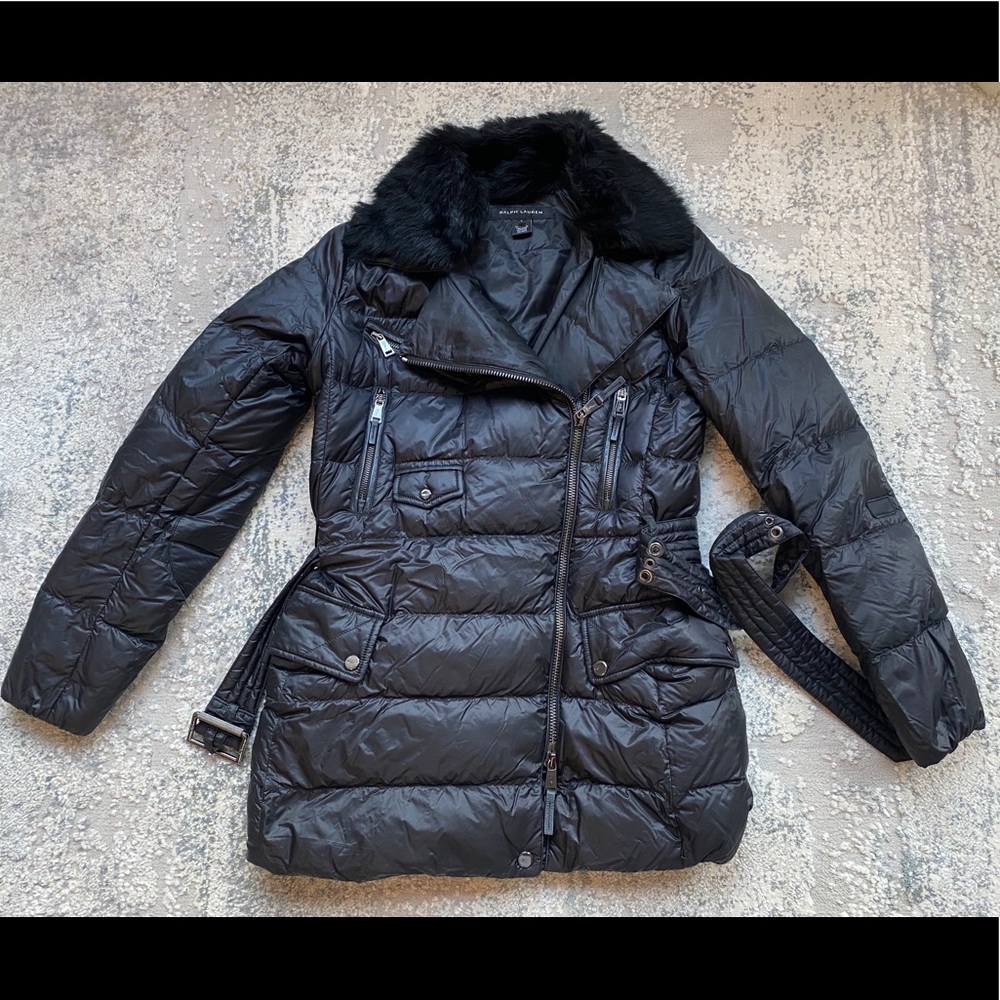 Ralph Lauren Black Label Down Coat with Real Fur Collar (Dyed Shearing Lamb)